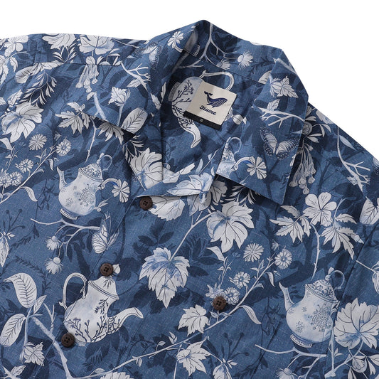 100% Cotton Hawaiian Shirt For Men Porcelain Camp Collar Shirt
