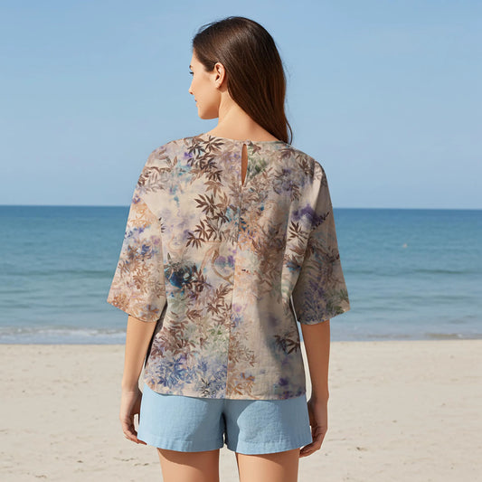 Women Casual Blouse Elbow Sleeve Round Neck Button-Back 95% Lyocell, 5% Linen Brown Aloha Autumn Forest Shadows