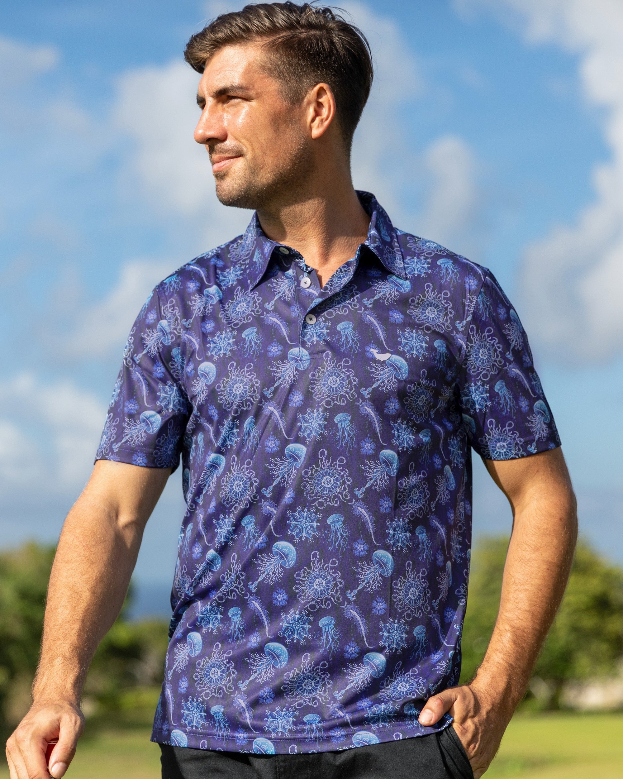 Men's Hawaiian Luminocean Print By Luova Flow Short Sleeve Polo Shirt Luminocean By Luova Flow Polo