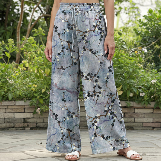 Women Casual Pants Lounge Elastic Waist Drawstring with Pockets 100% Cotton Blue Aloha Zen Plum Blossom Symphony