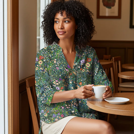 Women Casual Blouse 3/4 Sleeve V-neck Shirt Collar 95% Lyocell, 5% Linen Green Aloha Artistic Garden