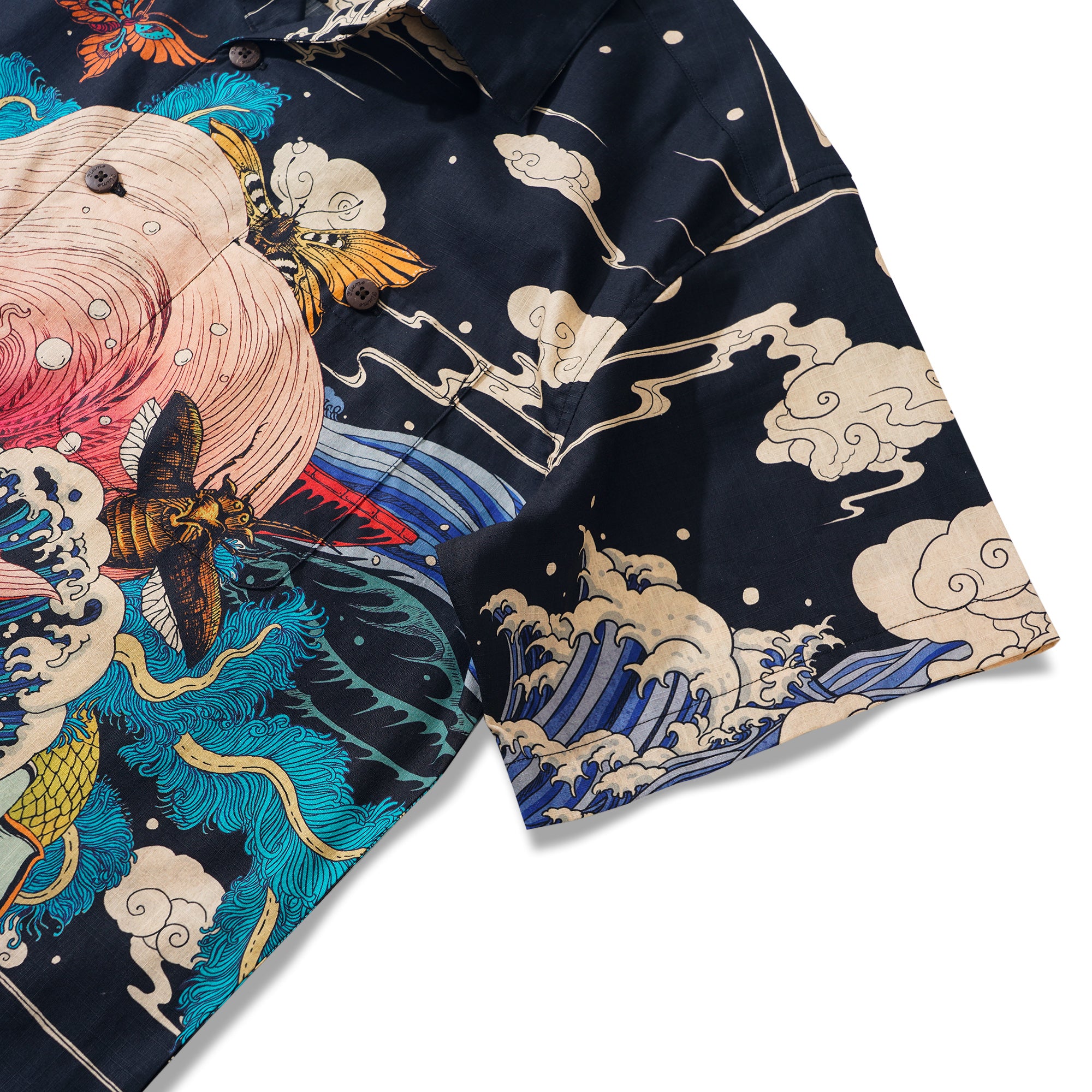 Herren Hawaiian Shirt Kurzarm Camp Kragen 100% Baumwolle Schwarz Aloha Ukiyo Nr. 3 von Rlon