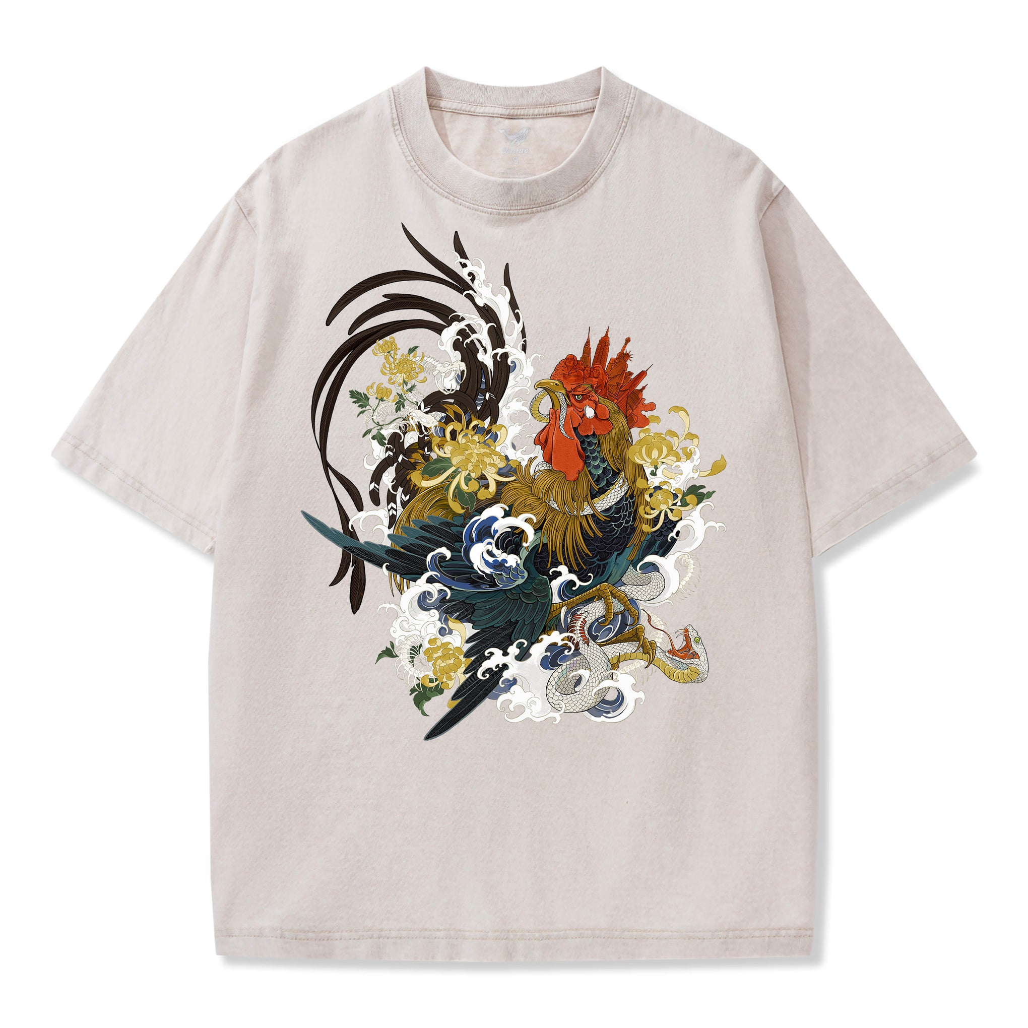 T-shirt Short Sleeve Solid Basic 100% Cotton Beige Aloha Rooster Waves