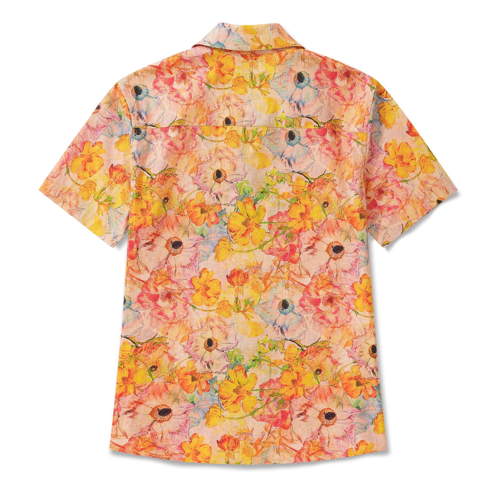 Women's Hawaiian Shirt Short Sleeve Camp Collar 100% Cotton Yellow Aloha Ranunculus Flowers By Pascale Dilger