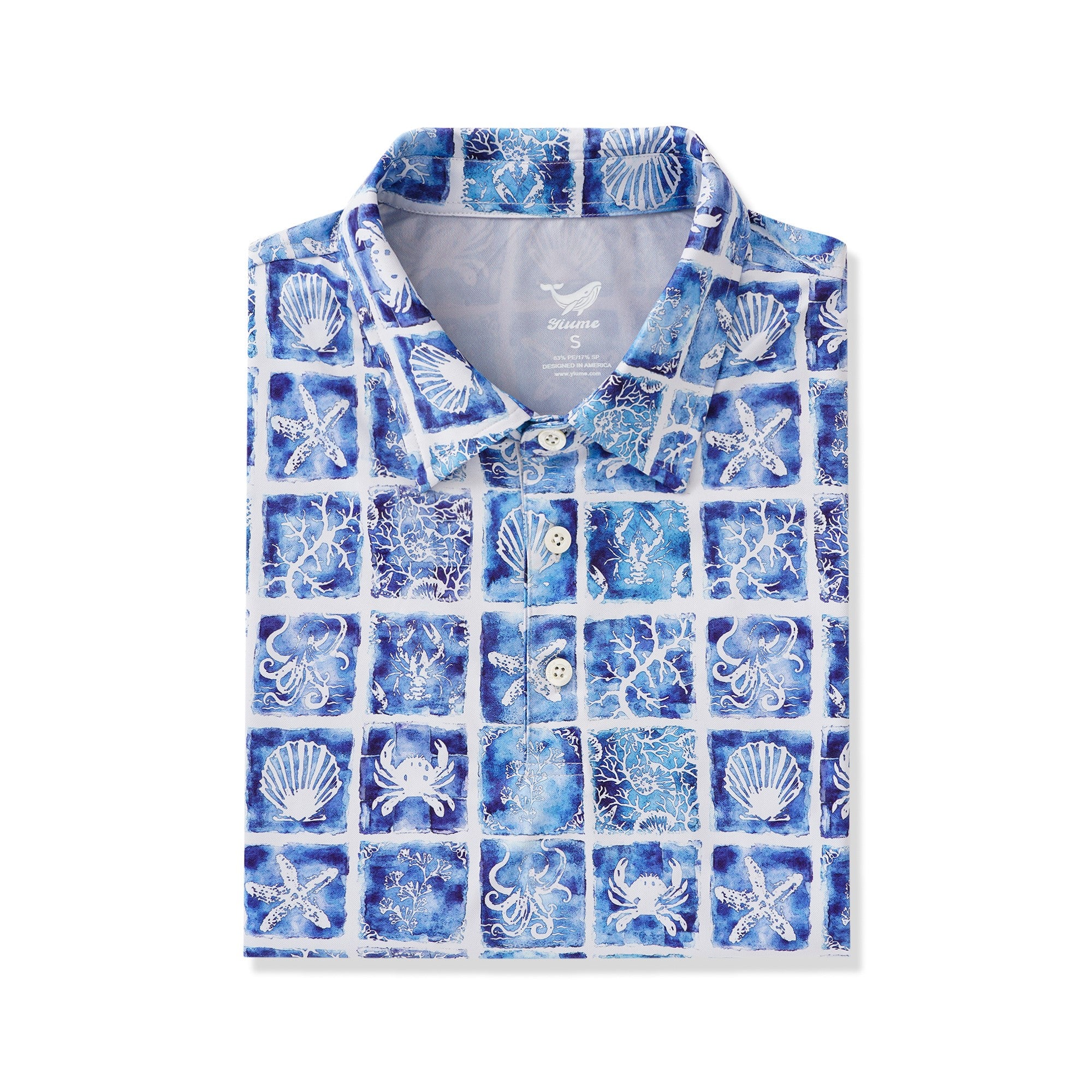 Men's Hawaiian Polo Shirt Short Sleeve 83% Recycled polyester 17% Spandex Blue Aloha Ocean Crest