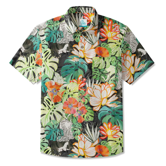 Men's Hawaiian shirt with tropical cat and flower design