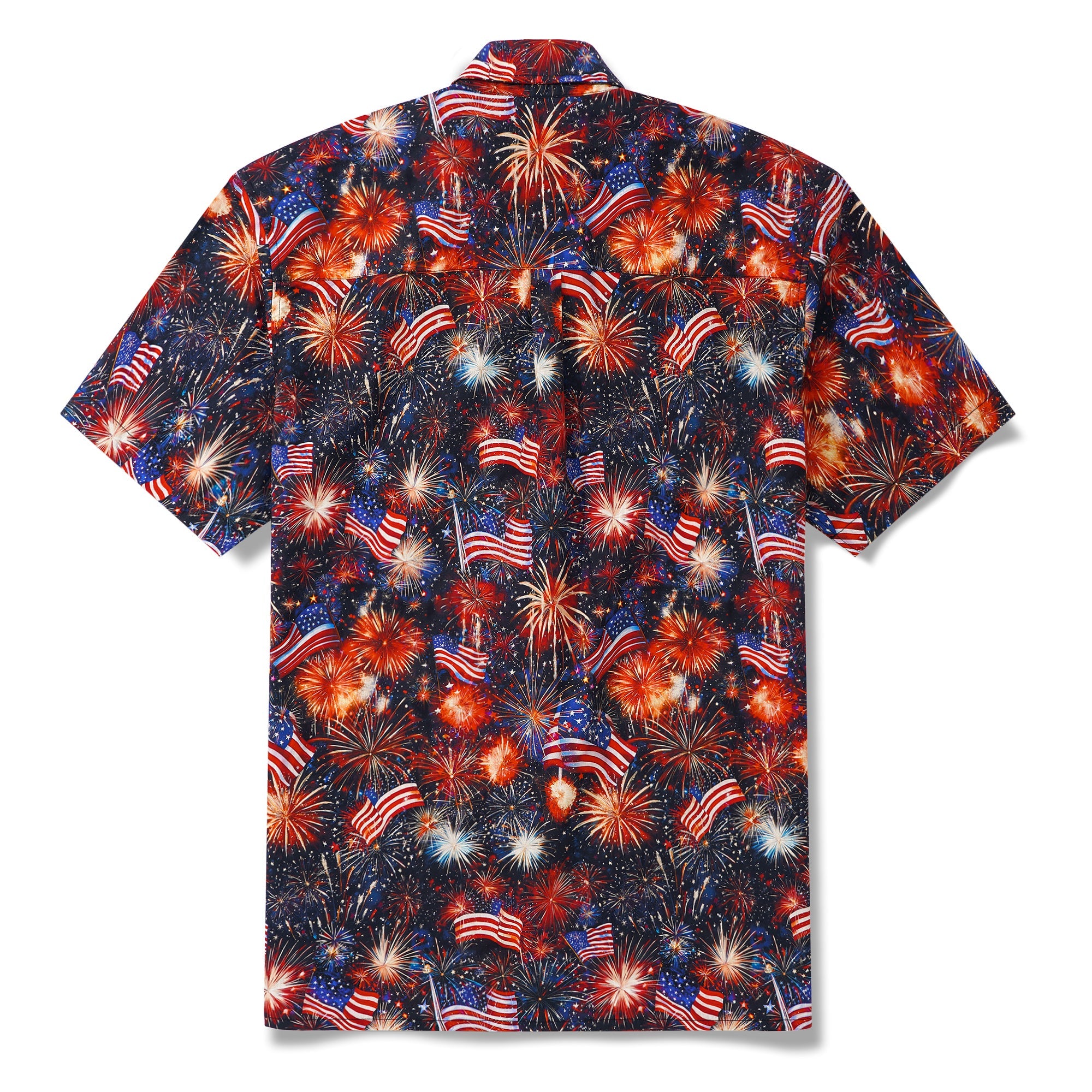 Herren Hawaiian Shirt Kurzarm Button-Down 100% Baumwolle Schwarz Aloha Patriotische Feuerwerke