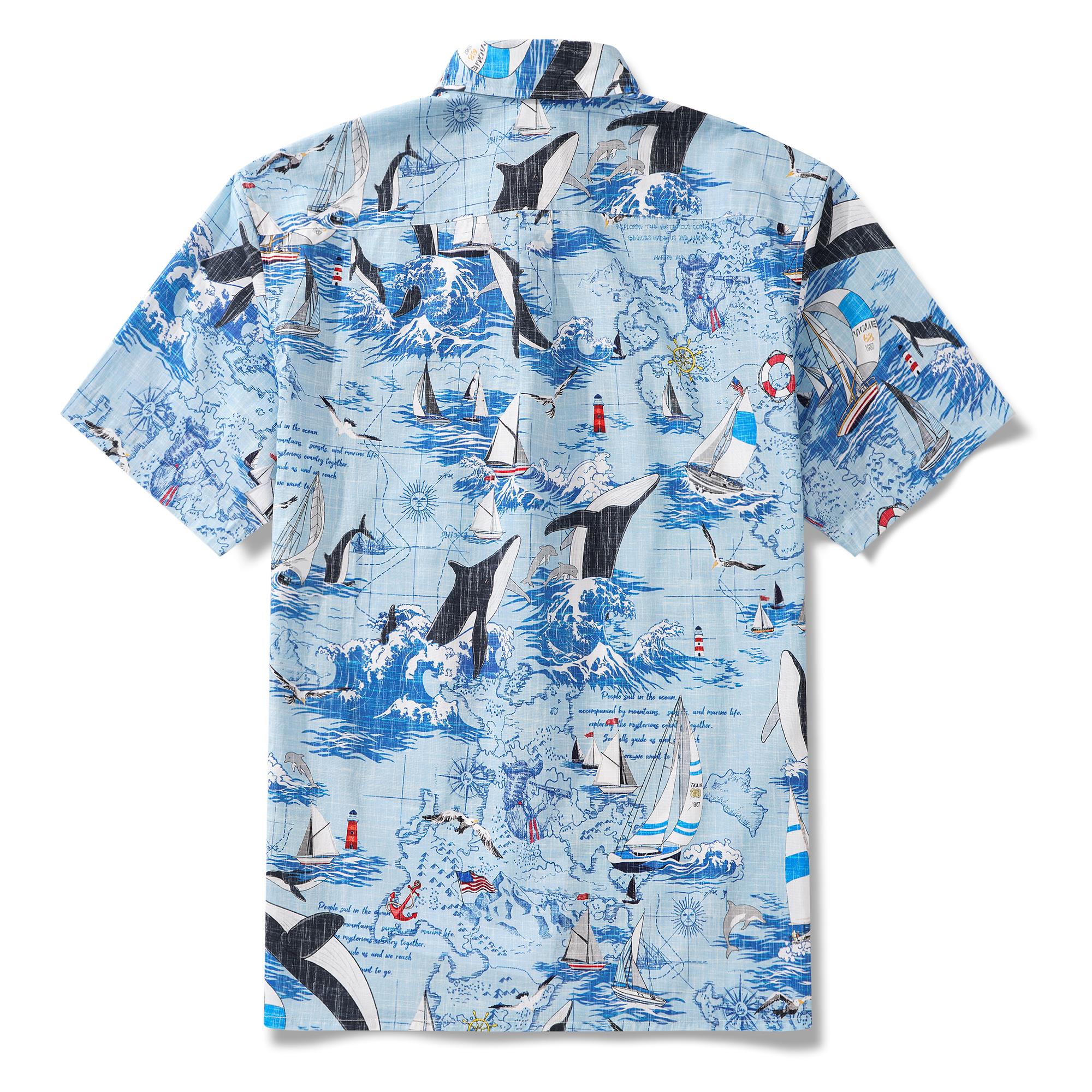 Men's Hawaiian Shirt Short Sleeve Button-down 100% Cotton White Aloha Joyful Ocean