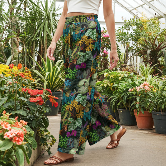 Women Casual Pants Lounge Elastic Waist Drawstring with Pockets 100% Cotton Green Aloha Enchanted Forest Deer