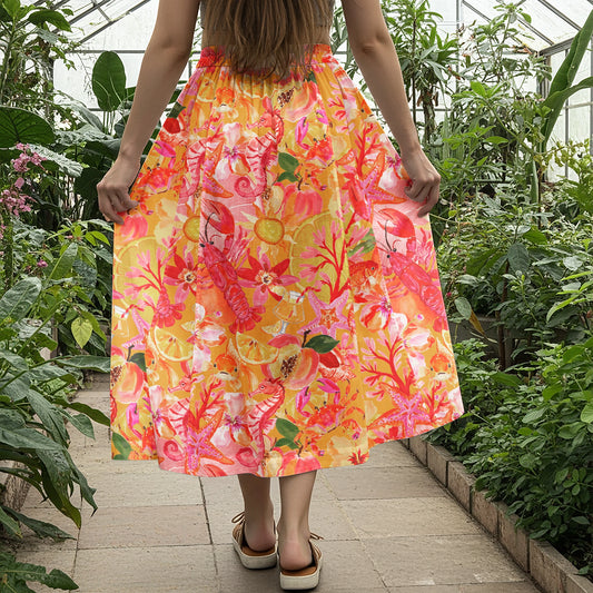 Women Casual Maxi Skirt Long Elastic Waist with Pockets 100% Cotton Orange Aloha Tropical Seaside Fiesta Print