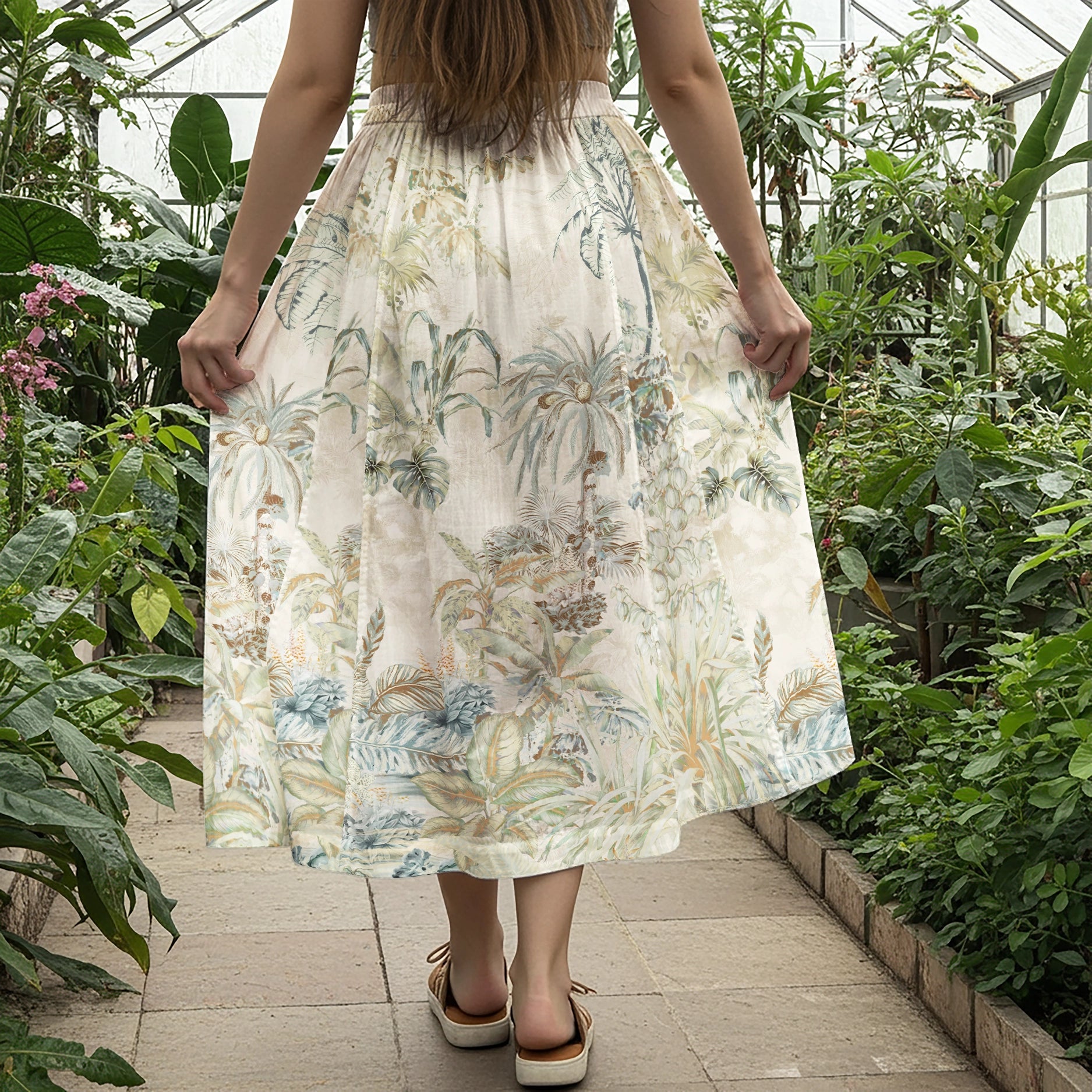 Women Casual Maxi Skirt Long Elastic Waist with Pockets 100% Cotton Green Aloha Green Oasis