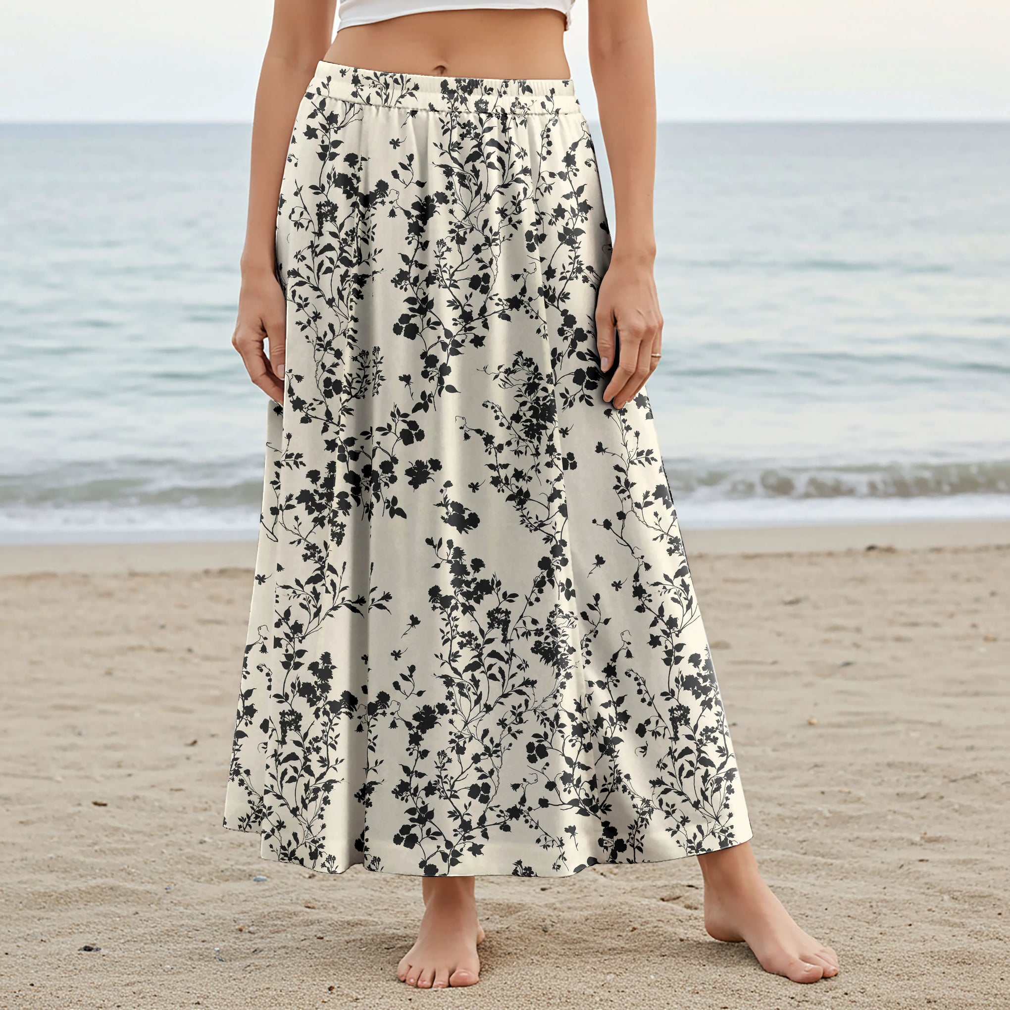 Women Casual Maxi Skirt Long Elastic Waist with Pockets 100% Cotton Beige Aloha Tranquil Inkvine