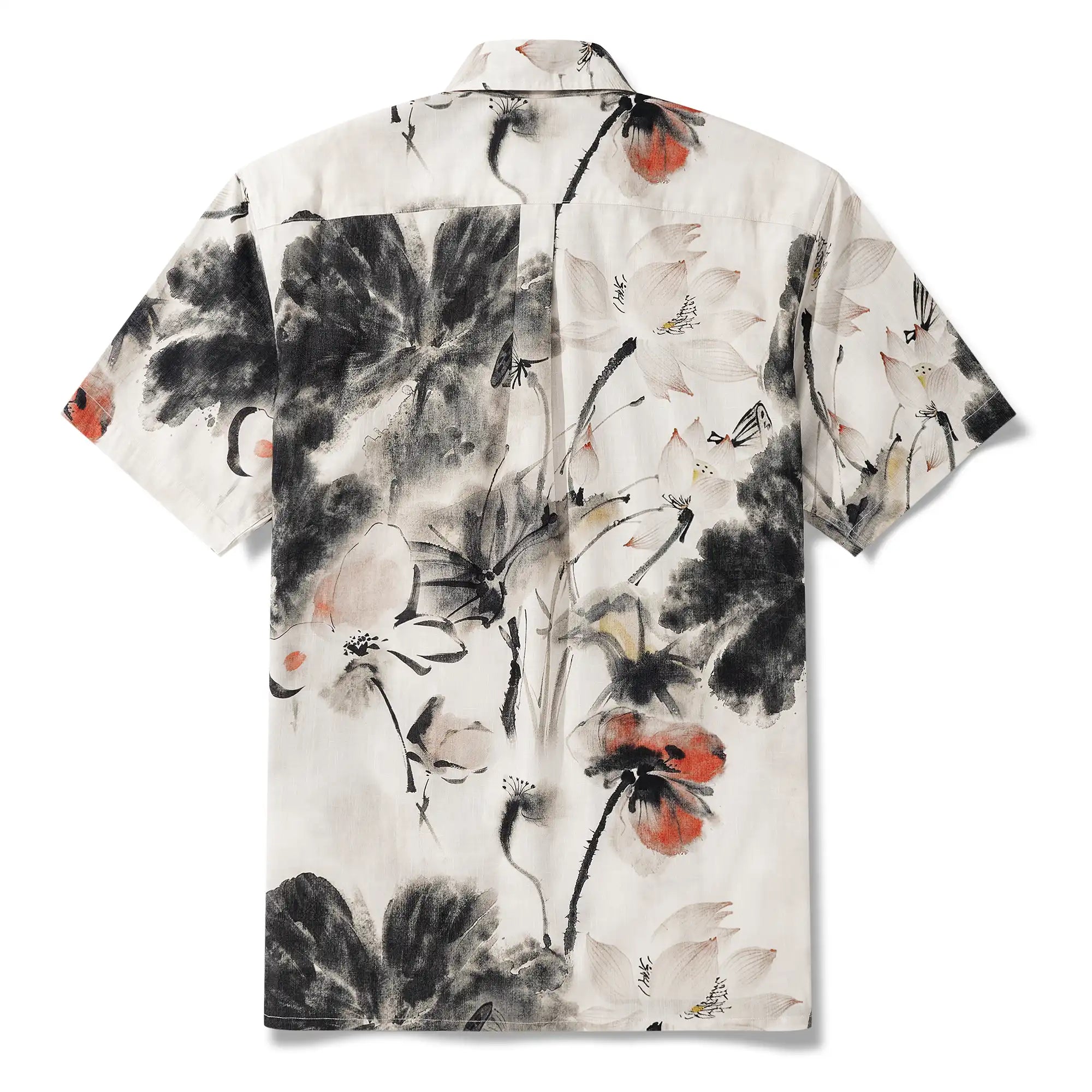 Men's Hawaiian Shirt Short Sleeve Button-down 100% Cotton Gray Aloha Eastern Lotus Elegance