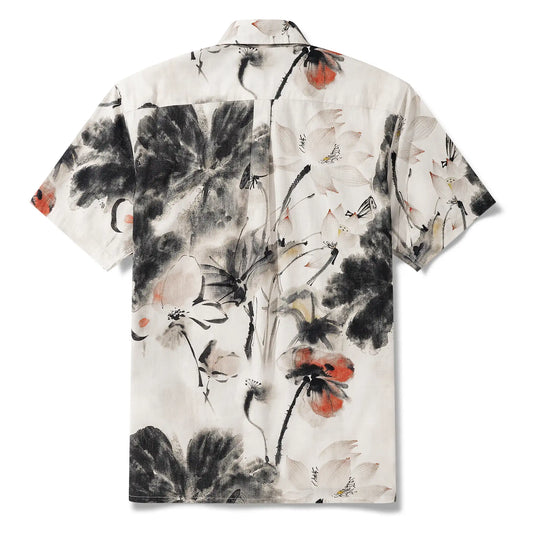 Men's Hawaiian Shirt Short Sleeve Button-down 100% Cotton Gray Aloha Eastern Lotus Elegance