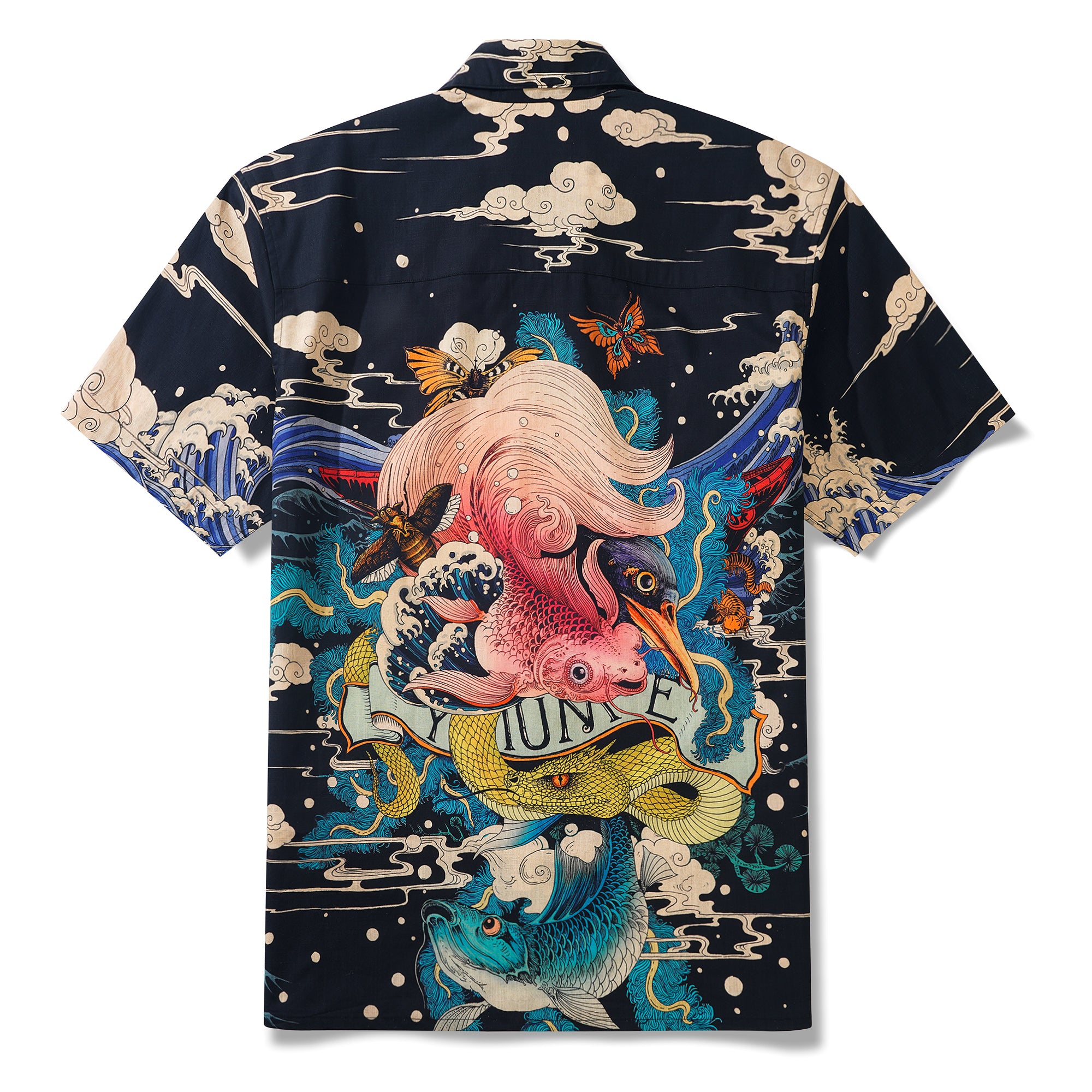 Herren Hawaiian Shirt Kurzarm Camp Kragen 100% Baumwolle Schwarz Aloha Ukiyo Nr. 3 von Rlon