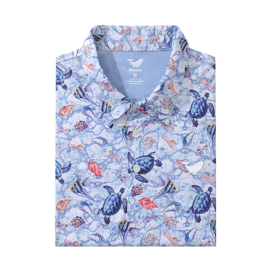Men's Hawaiian A Sea Turtle's Odyssey Print Short Sleeve Polo Shirt A Sea Turtle's Odyssey Polo