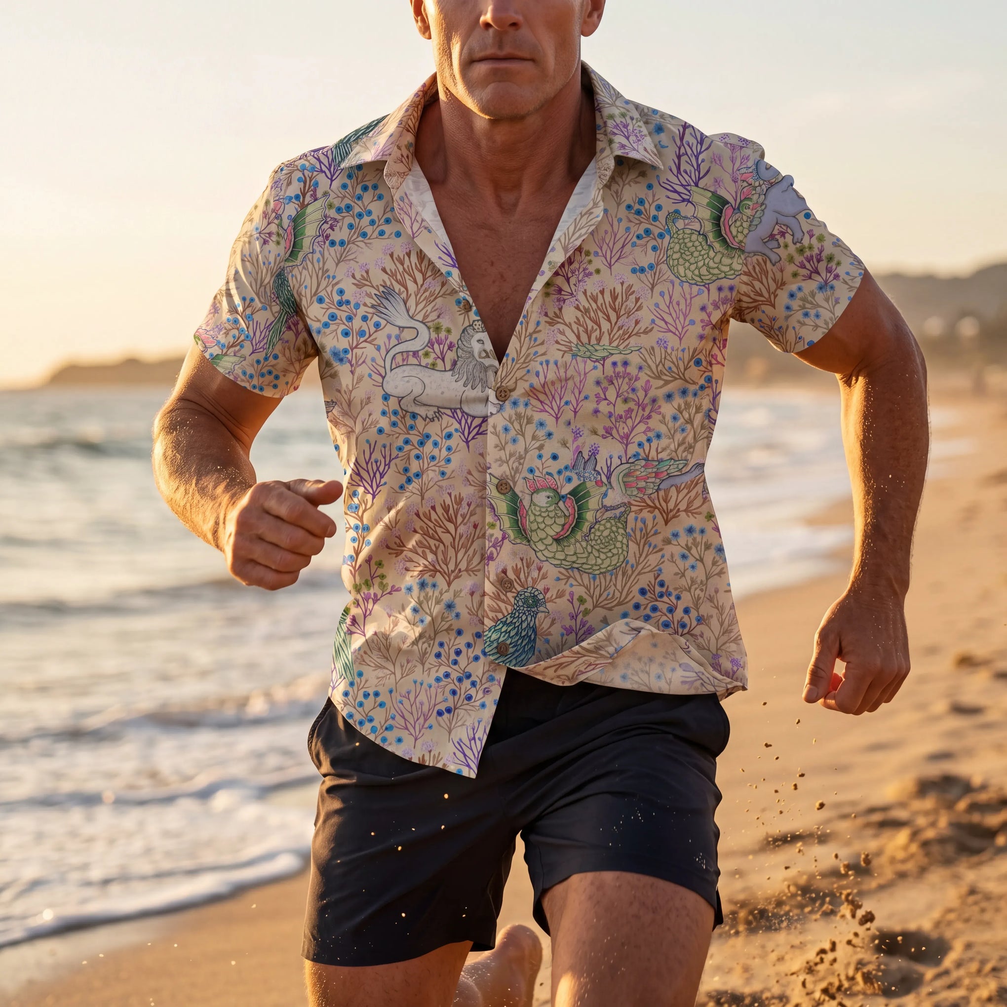 Close-up of mythical creatures on brown Hawaiian shirt