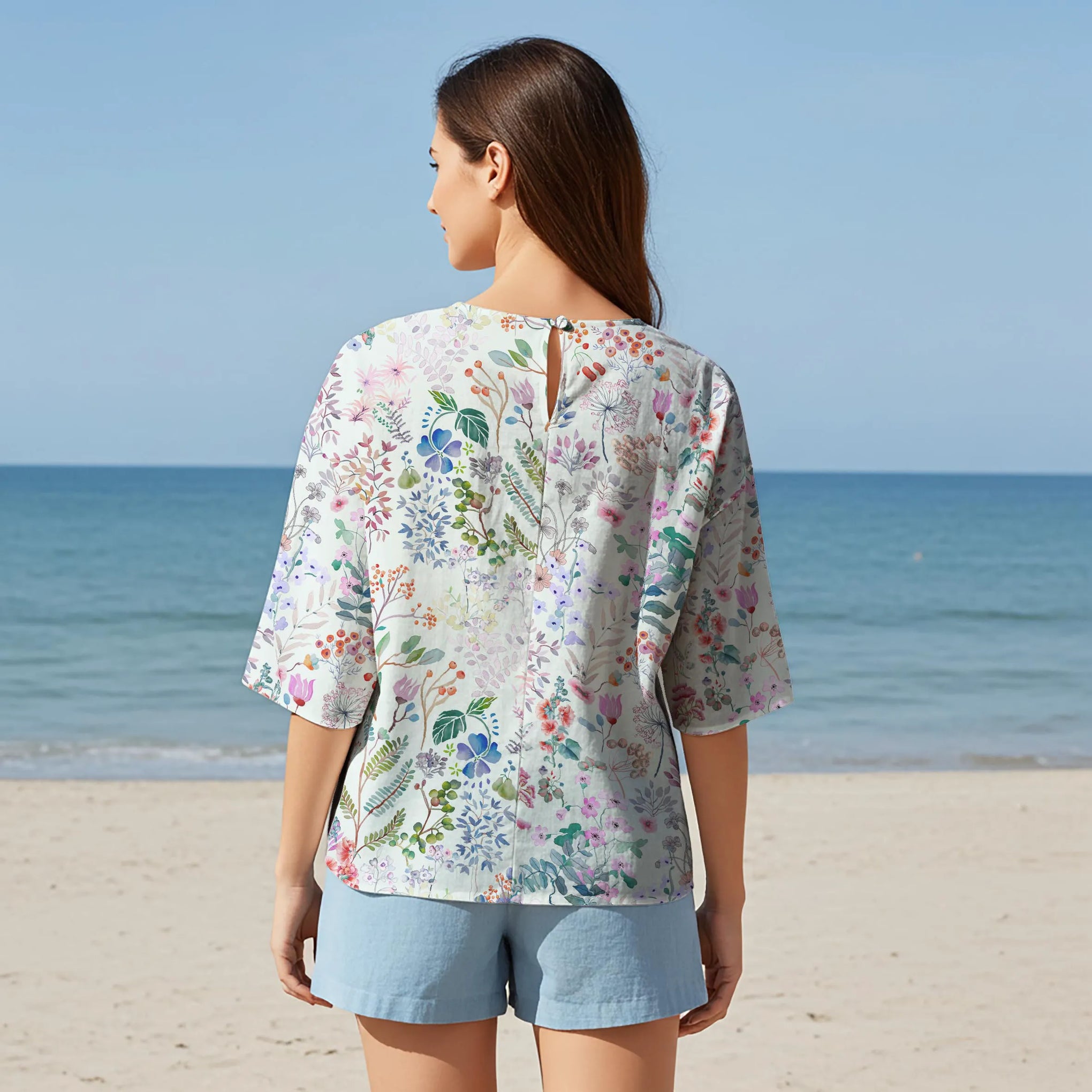 Women Casual Blouse Elbow Sleeve Round Neck Button-Back 95% Lyocell, 5% Linen Aloha Botanical Haven