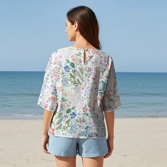 Women Casual Blouse Elbow Sleeve Round Neck Button-Back 95% Lyocell, 5% Linen Aloha Botanical Haven