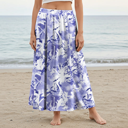 Women Casual Maxi Skirt Long Elastic Waist with Pockets 100% Cotton Purple Aloha Chilled Purple Blossom