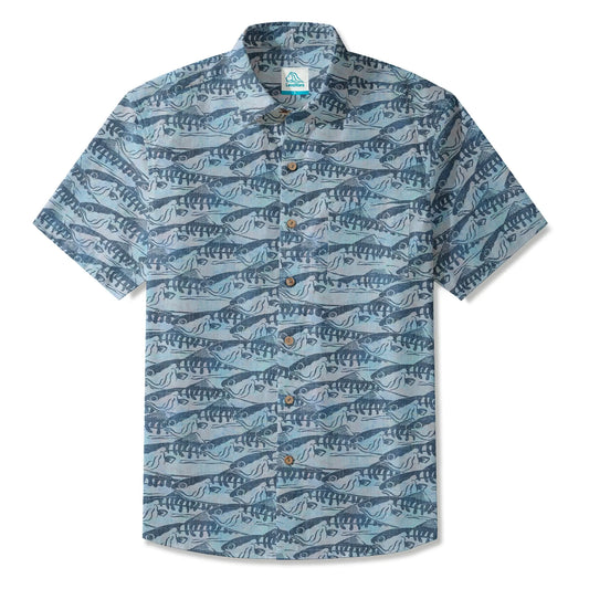Blue Aloha Ink Wave Men's Hawaiian Shirt, short sleeve, button-up