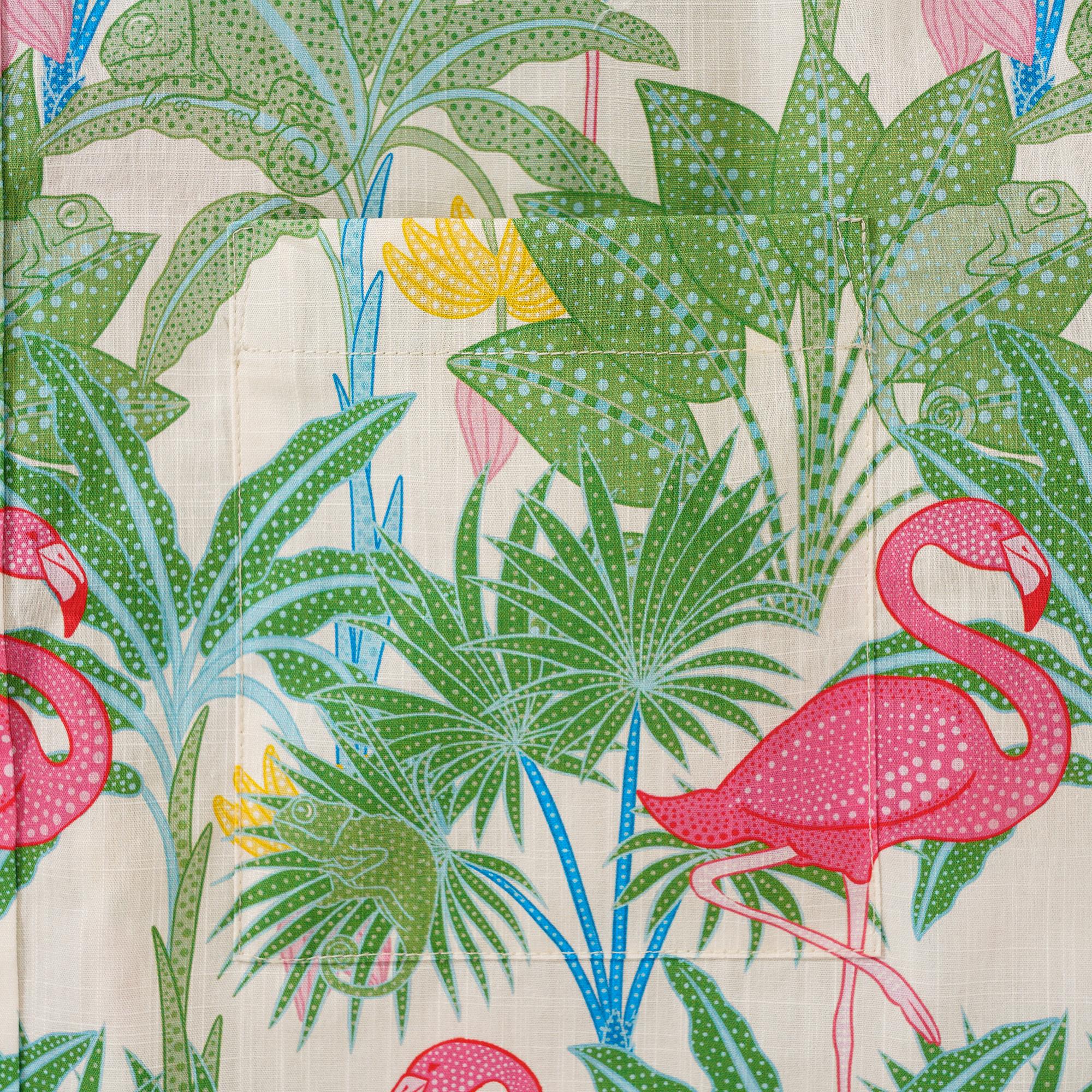 Herren-Hawaiian-Hemd Kurzärmel Button 100% Baumwolle Beige Aloha Flamingos & Chameleons von House of Haricot