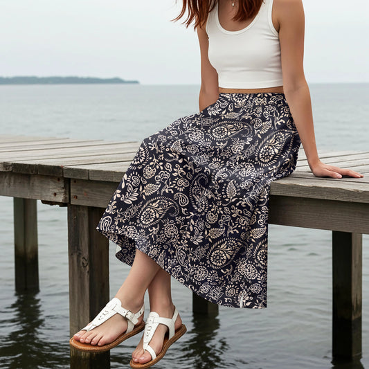 Women Casual Maxi Skirt Long Elastic Waist with Pockets 100% Cotton Black Aloha Elegant Paisley