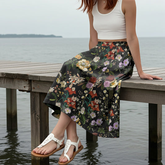 Women Casual Maxi Skirt Long Elastic Waist with Pockets 100% Cotton Black Aloha Night Banquet Blossoms