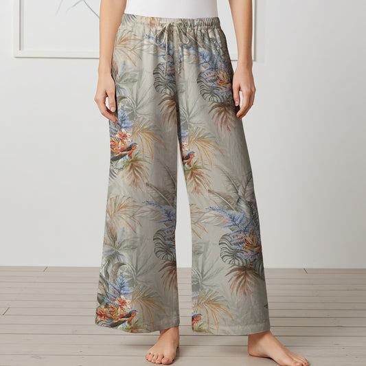 Women Casual Pants Lounge Elastic Waist Drawstring with Pockets 93% Lyocell, 7% Linen Gray Aloha Tropical Paradise Scroll
