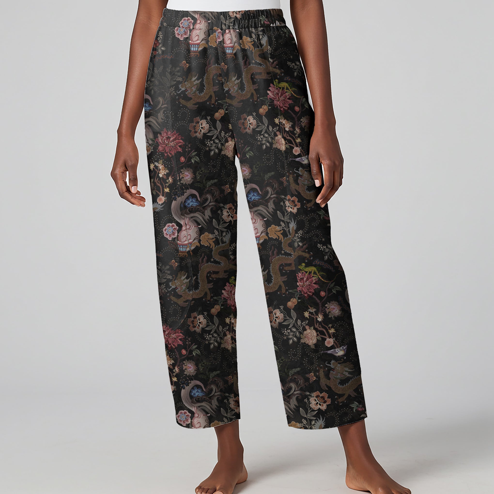 Women Casual Ankle Pants Lounge Elastic Waist with Pockets 93% Lyocell, 7% Linen Black Aloha Ink Charm Eastern Dream