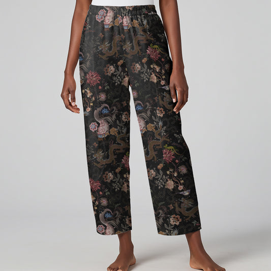 Women Casual Ankle Pants Lounge Elastic Waist with Pockets 93% Lyocell, 7% Linen Black Aloha Ink Charm Eastern Dream