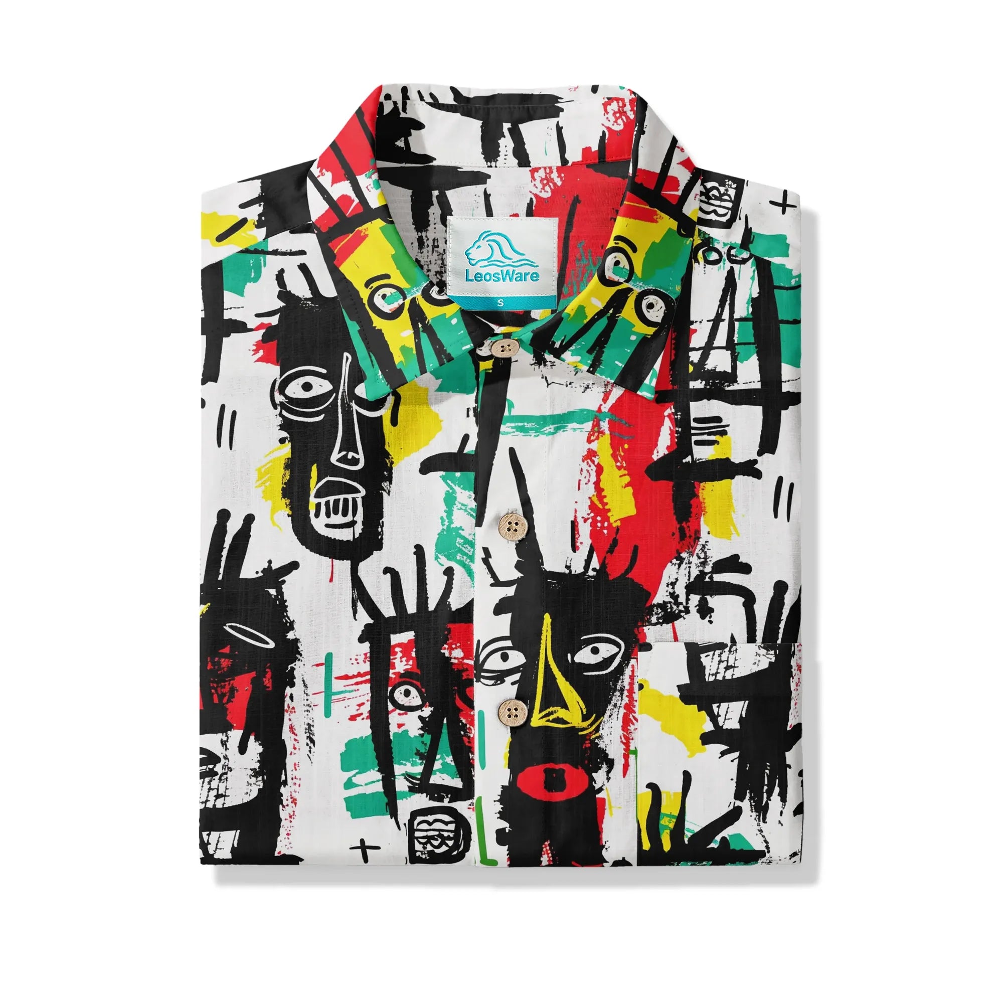 Men's Hawaiian shirt with colorful face doodles