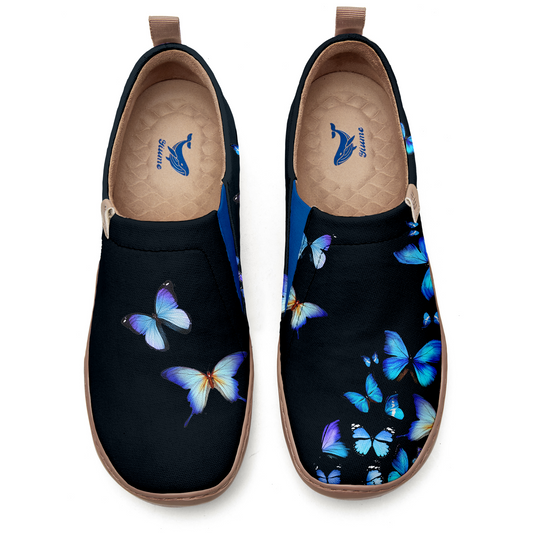 Arte femenino de Yiume zapatos de lona casual slip-lienzo de mariposa negra y azul pintada, 100% de algodón de algodón mariposa de medianoche