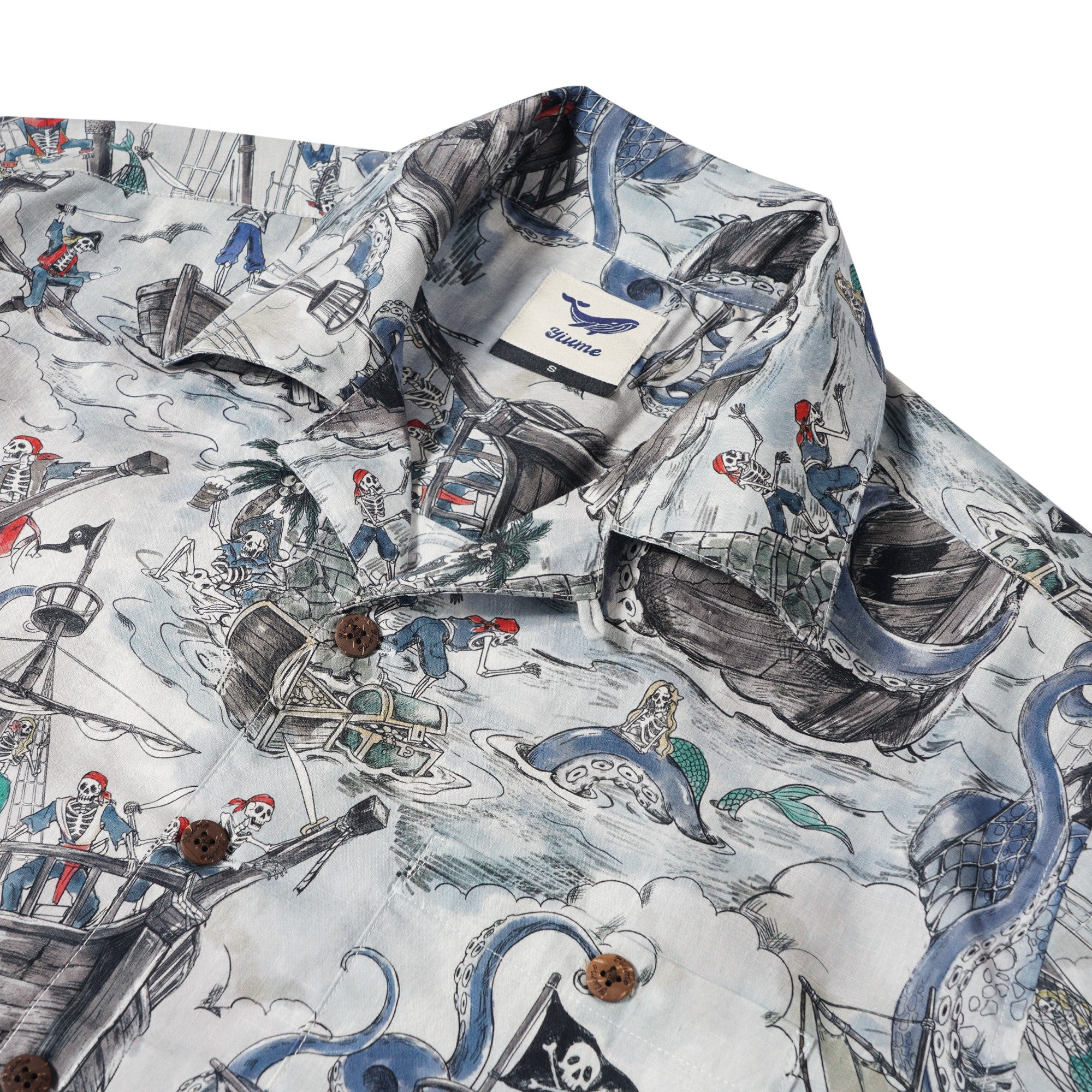 Men's Hawaiian Shirt Short Sleeve Camp Collar 100% Cotton Blue Aloha Mermaid's Skull Island