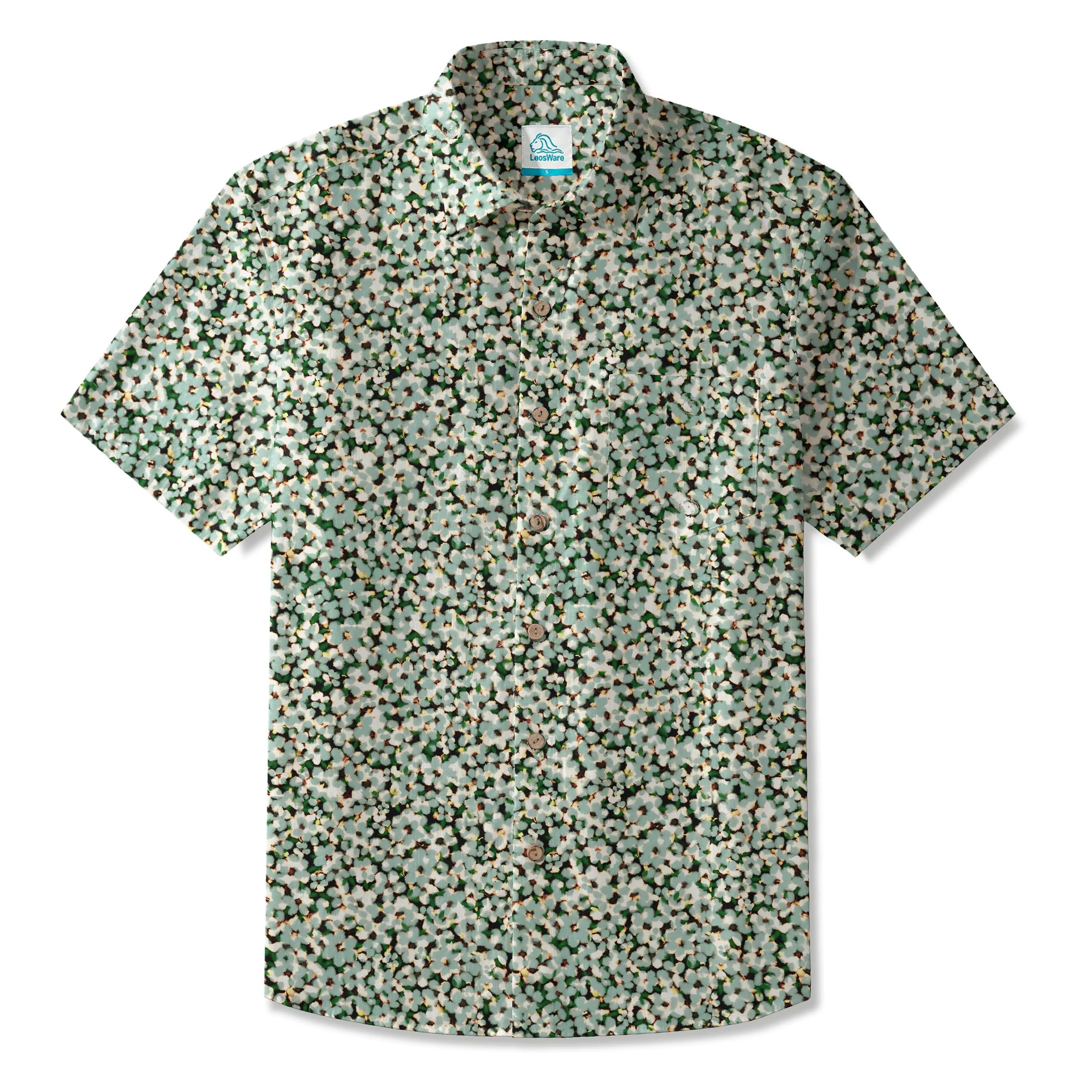 LeosWare® Men's Hawaiian Shirt Short Sleeve Button-up 100% Cotton Green Aloha Floral Whisper Of Nature