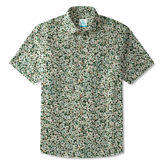 LeosWare® Men's Hawaiian Shirt Short Sleeve Button-up 100% Cotton Green Aloha Floral Whisper Of Nature