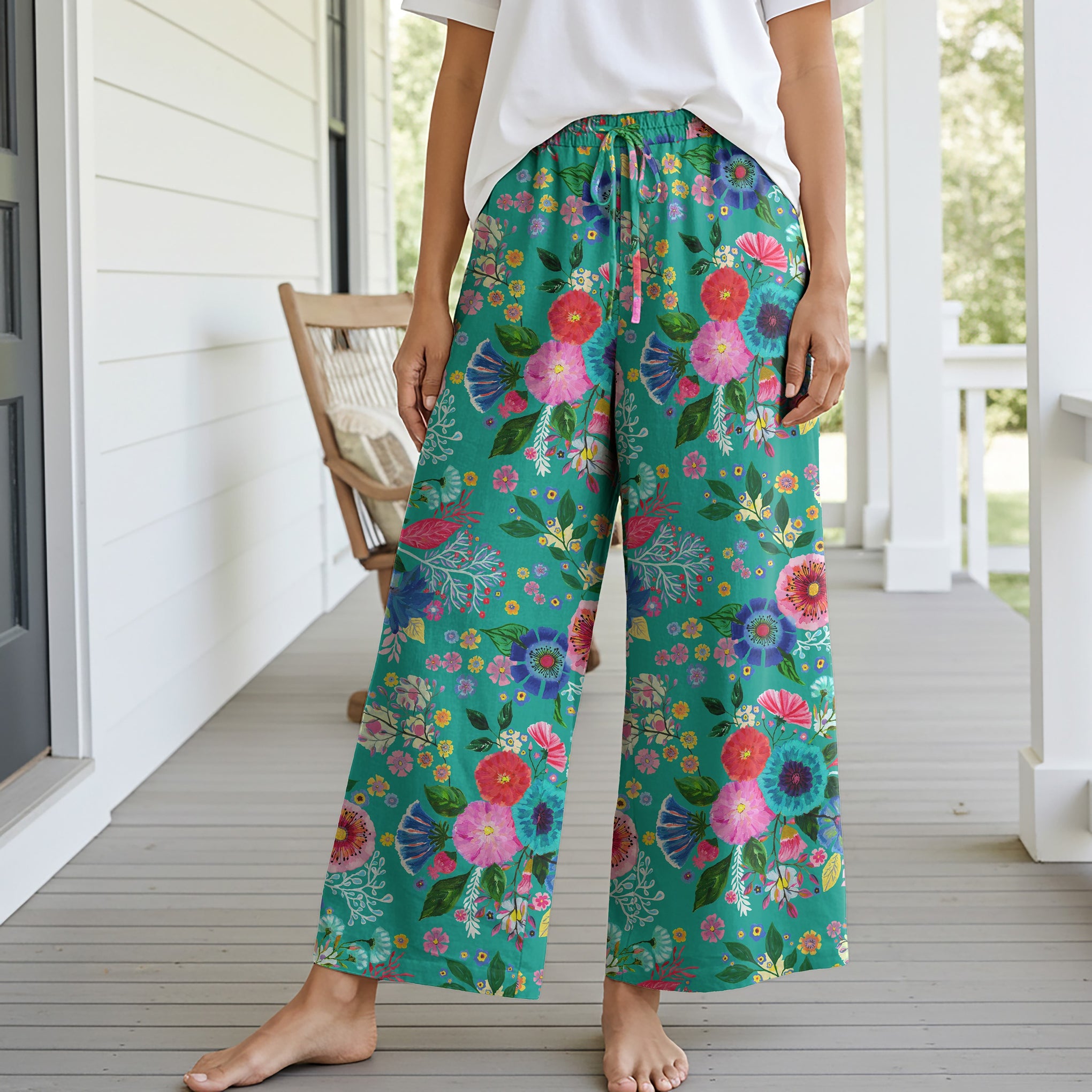 Women Casual Pants Lounge Elastic Waist Drawstring with Pockets 93% Lyocell, 7% Linen Green Aloha Dance Of Emerald Flowers