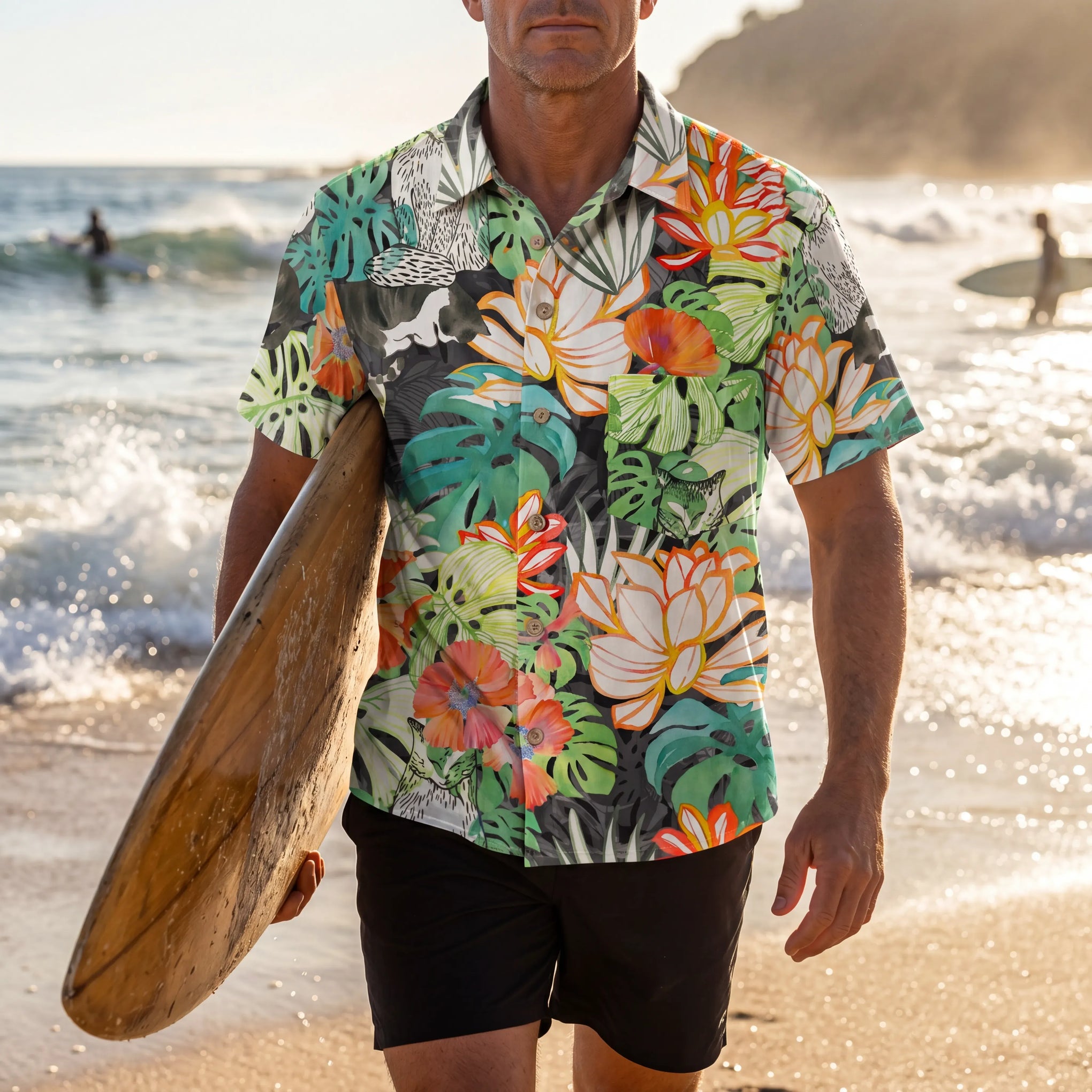 Green aloha shirt with playful cat pattern
