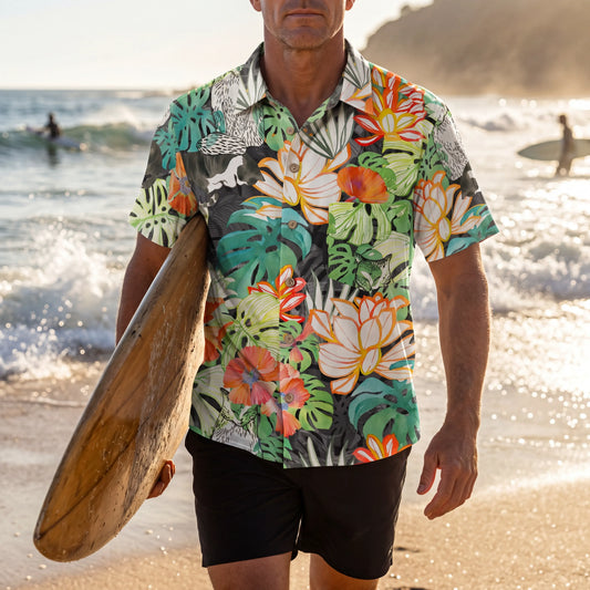 Green aloha shirt with playful cat pattern