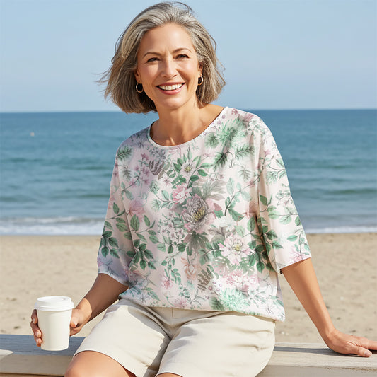 Women Casual Blouse Elbow Sleeve Round Neck Button-Back 100% Lyocell Green Aloha Soft Floral Elegance