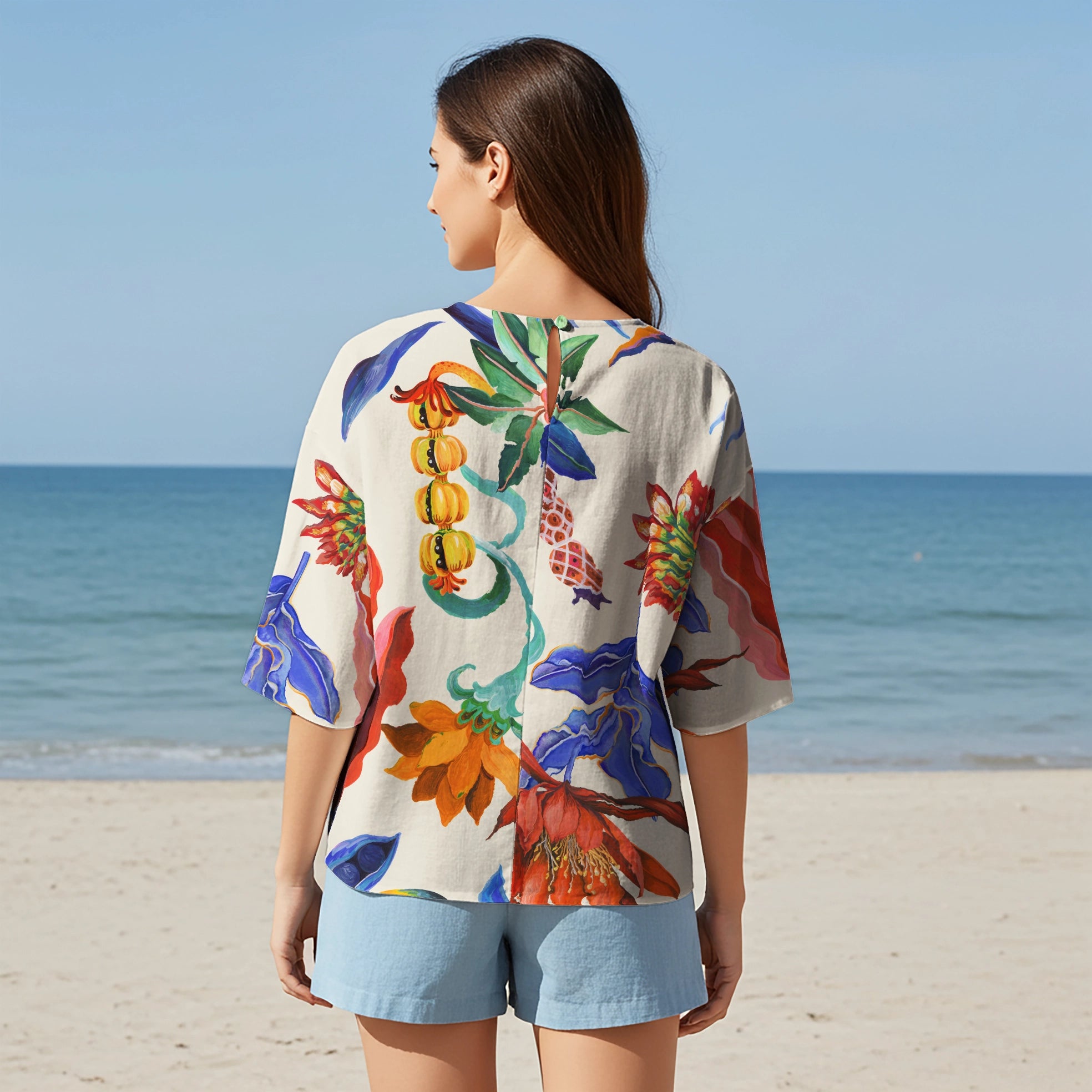 Women Casual Blouse Elbow Sleeve Crew Neck Button-Back 95% Lyocell, 5% Linen Orange Aloha Tropical Parrot Flower