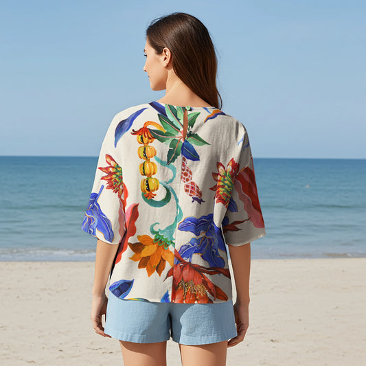 Women Casual Blouse Elbow Sleeve Crew Neck Button-Back 95% Lyocell, 5% Linen Orange Aloha Tropical Parrot Flower