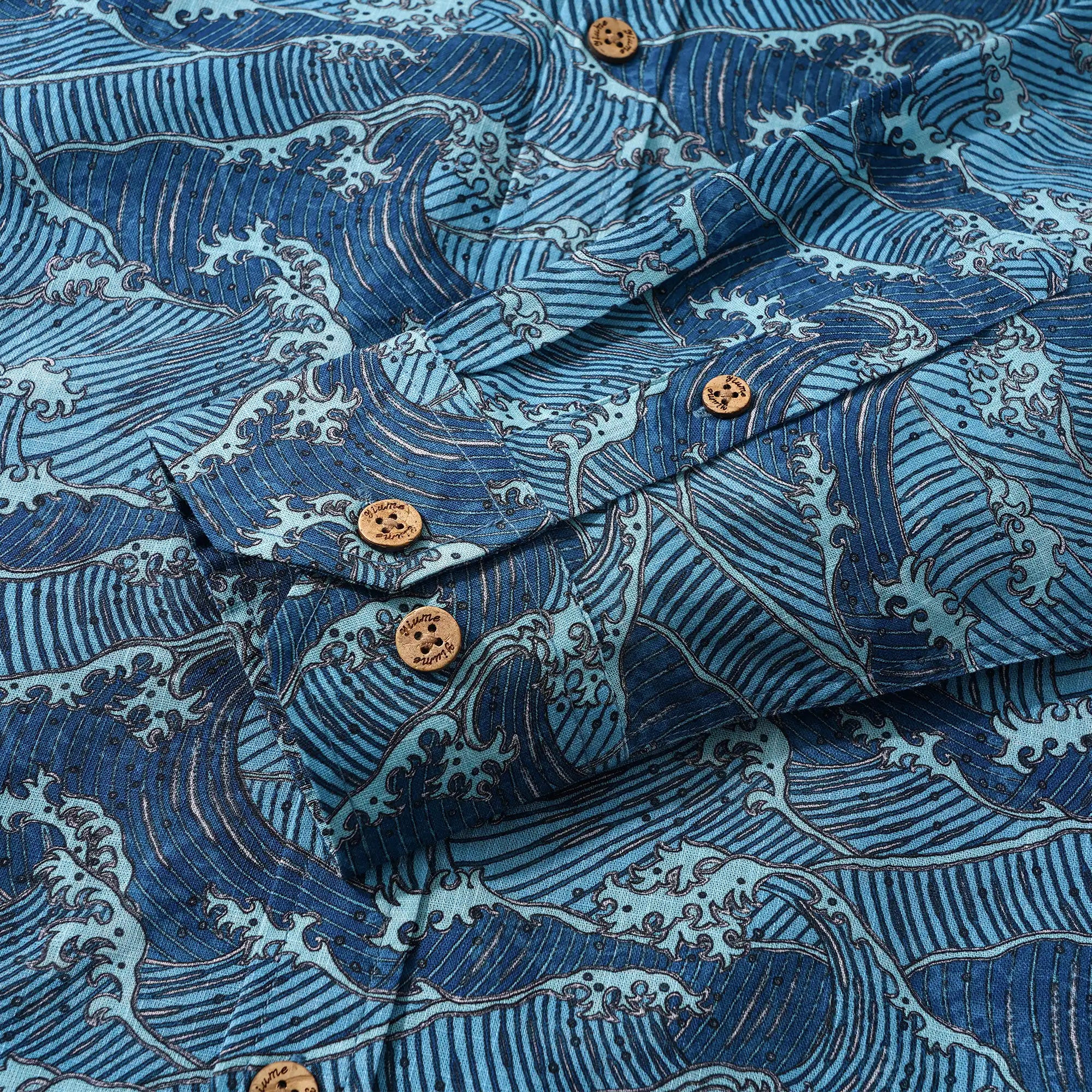 Men's Hawaiian Shirt Long Sleeve Button-down 100% Cotton Blue Aloha Surging Waves Of Ukiyo-e