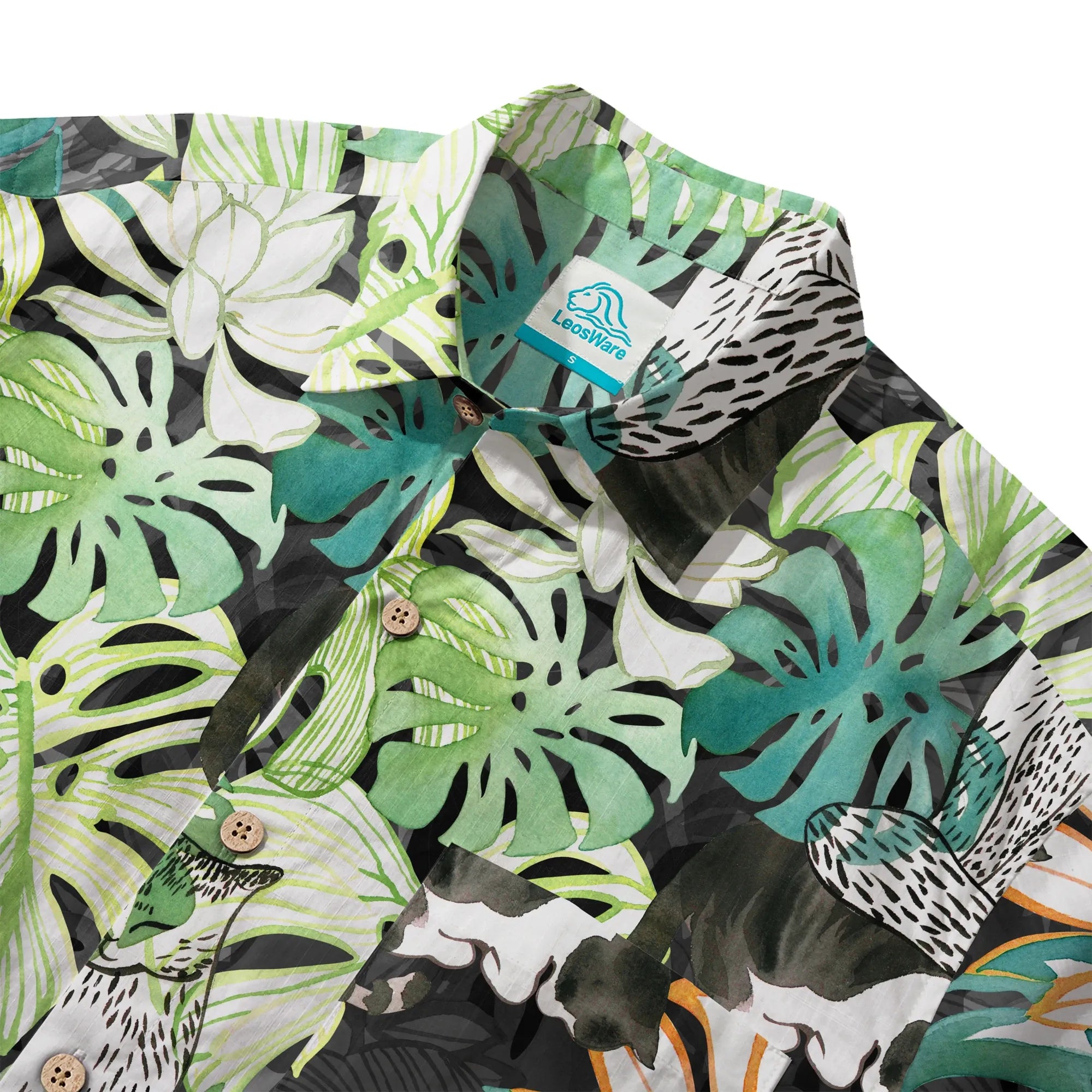 Short sleeve button-up shirt with tropical print