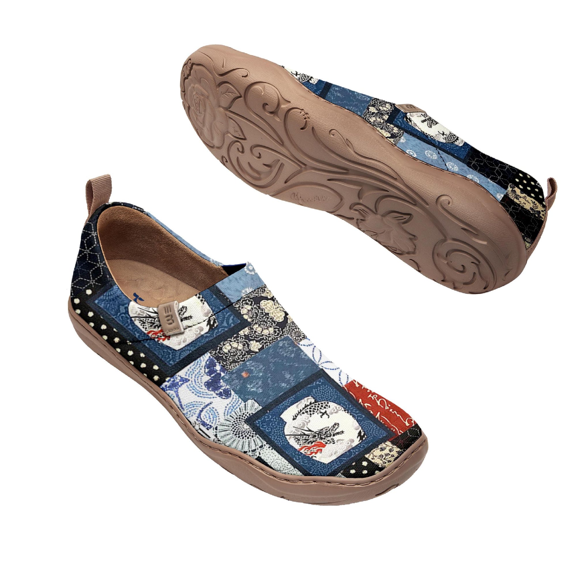 Yiume Frauenkunst Slip-on lässig Canvas-Schuhe Japanisches Patchwork gestrichen, 100% Baumwollblau, japanisch inspiriertes Hemd