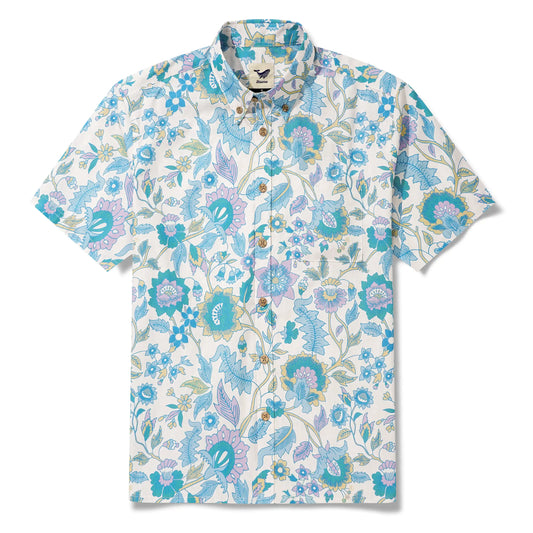 Men's Hawaiian shirt with blue Italian floral design, 100% cotton