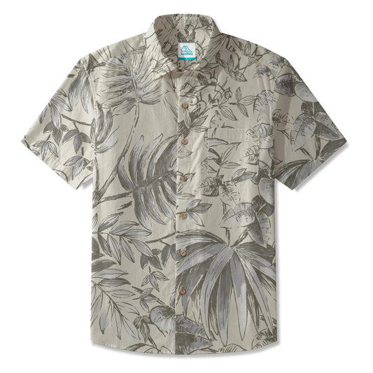 LeosWare® Men's Hawaiian Shirt Short Sleeve Button-up 100% Cotton Gray Aloha Vintage Botanical Sketches