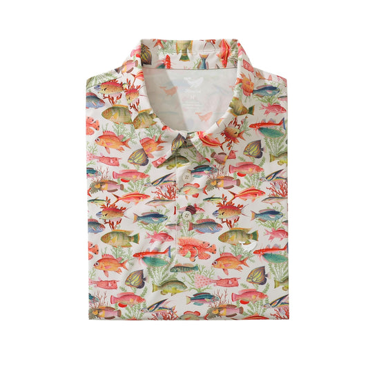 Short Sleeve Polo Shirt with Tropical Fish Design