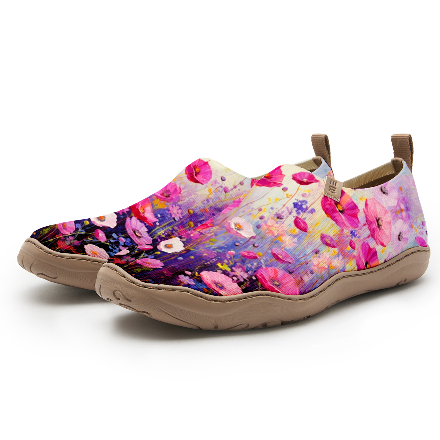 ピンクと紫のワイルドフローラーの女性用靴ラベンダーブルームヒール