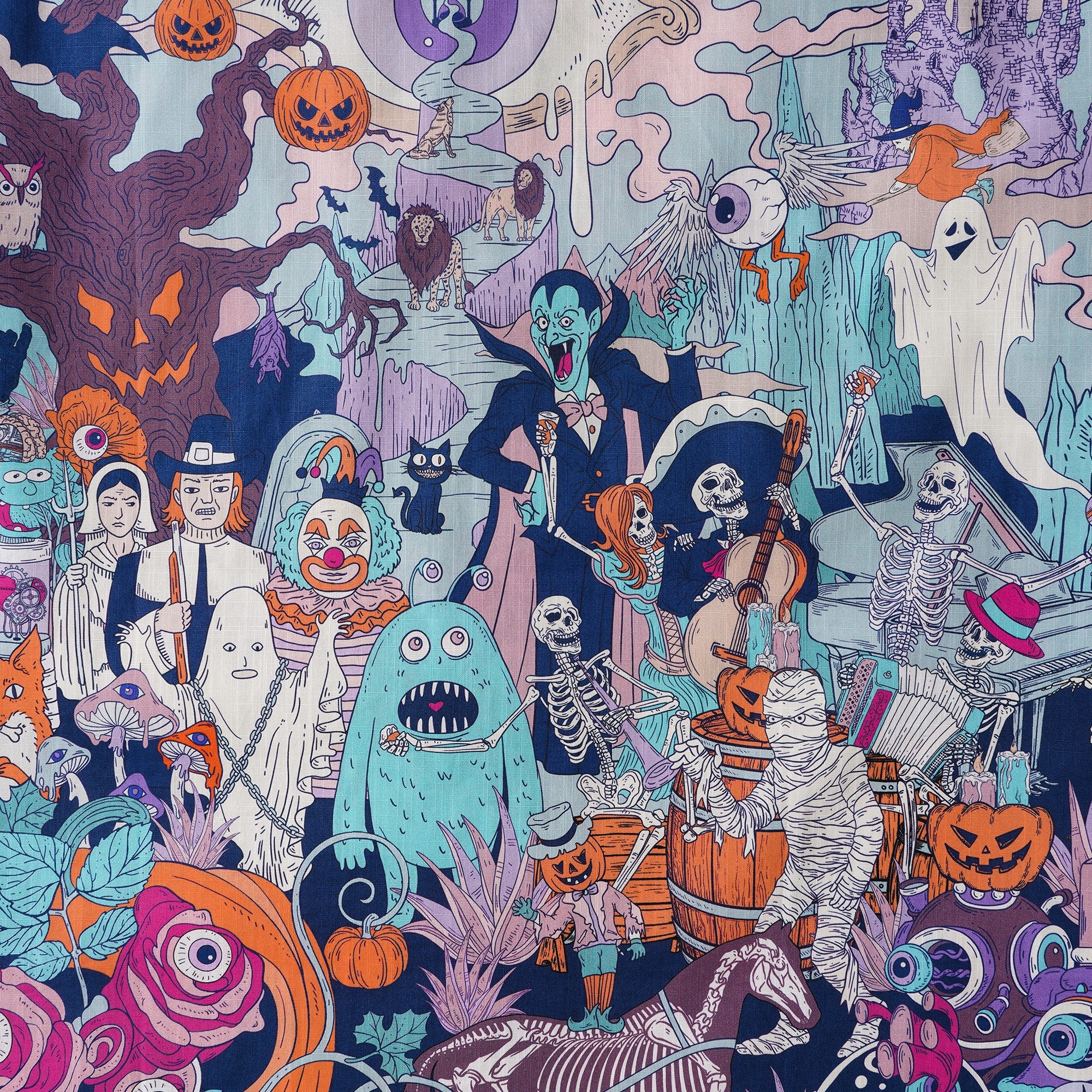 Herren -Hawaiian -Hemd Kurzarm Camp Halsband 100% Baumwoll weiß Aloha Midnight Halloween/Dantes Halloween